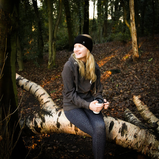 Camping in a wood. koko+kind headband keeping girl warm.