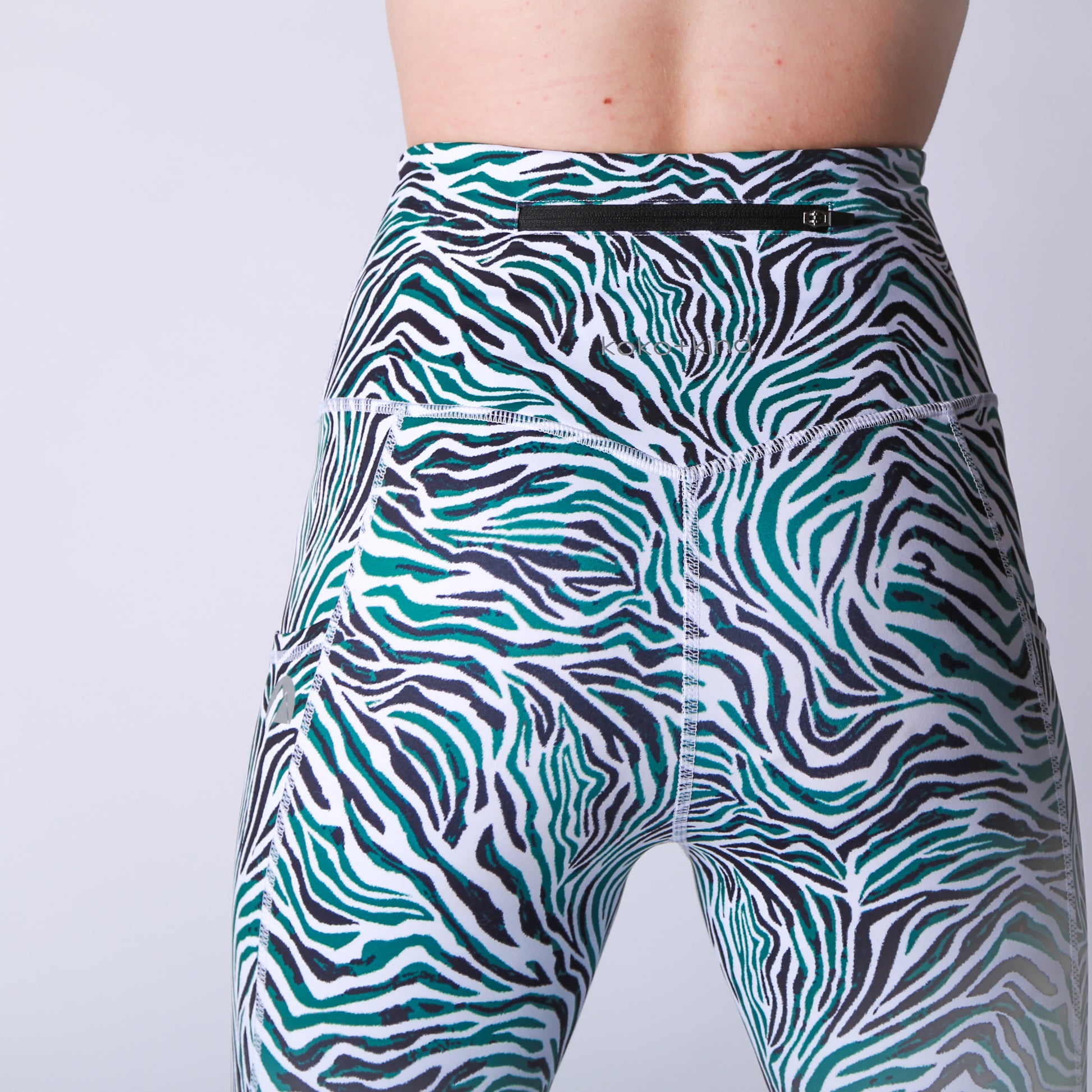 Green Zebra Leggings Activewear Rear Zip Pocket