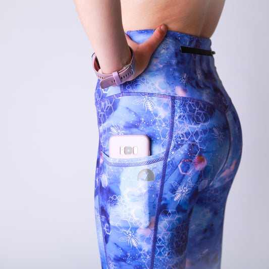 Purple Bee print Leggings. Activewear Uk Side Pocket Leggings
